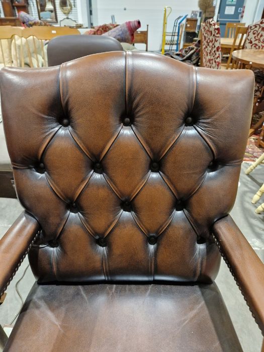 Pair of brown leatherette button upholstered Georgian-style armchairs with outscroll arms, - Image 25 of 37