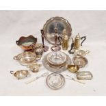 Quantity of plated ware and metalware to include pair of candlesticks, trays, gravy boats, etc