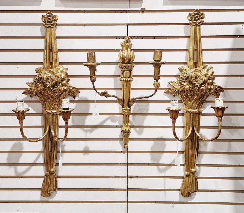 Pair reproduction gilt wall sconces and another, smaller (3)