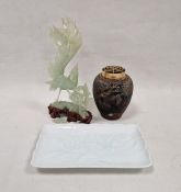 Modern Chinese pale celadon glazed shaped rectangular dish moulded with a flowerhead, signed to