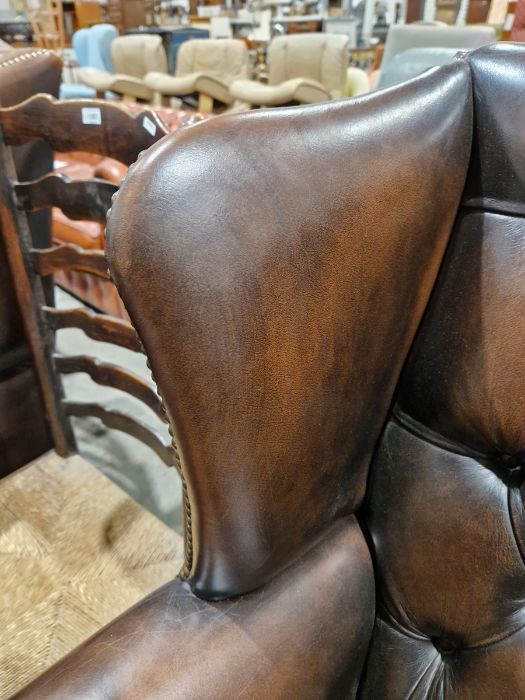 Pair of brown leatherette button upholstered Georgian-style armchairs with outscroll arms, - Image 11 of 37