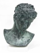 Reproduction bronzed bust depicting Anticytheras Youth, Greek, mounted on a square marble base, 23cm