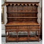 Reproduction inlaid oak dresser, the plate rack with scalloped frieze, the base banded with three