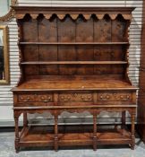 Reproduction inlaid oak dresser, the plate rack with scalloped frieze, the base banded with three