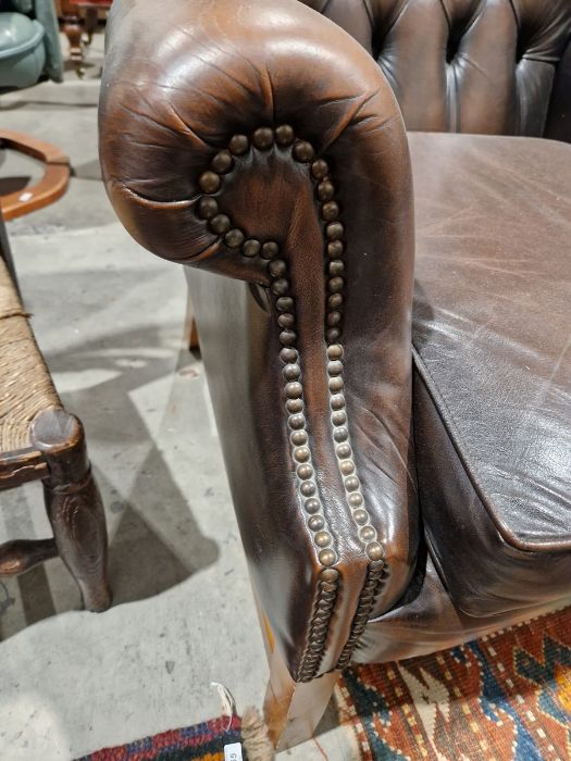 Pair of brown leatherette button upholstered Georgian-style armchairs with outscroll arms, - Image 5 of 37