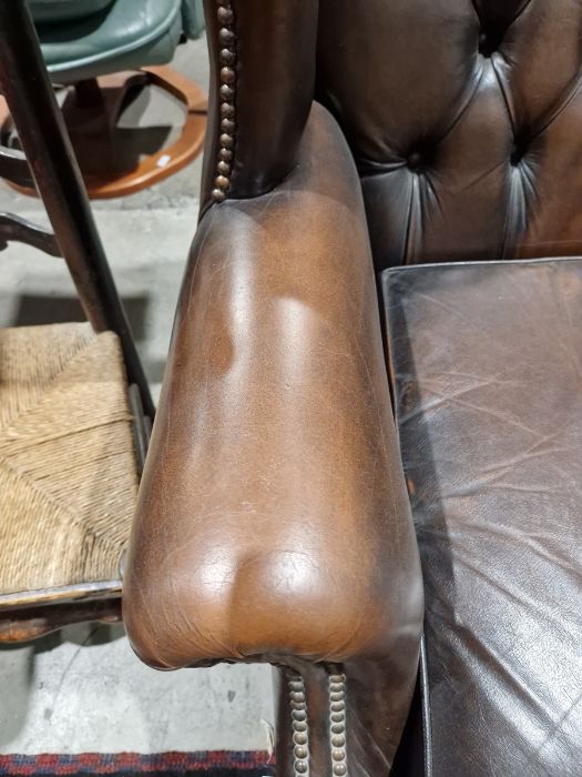 Pair of brown leatherette button upholstered Georgian-style armchairs with outscroll arms, - Image 6 of 37