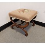 19th century X-frame stool, square with upholstered rose seat, 44cm wide