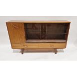 Mid 20th century stained wood and glazed sideboard having cupboard with fall front, glass shelves