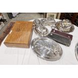Silver-plated tray, a horn-handled carving set, three various lidded entree dishes, quantity EPNS