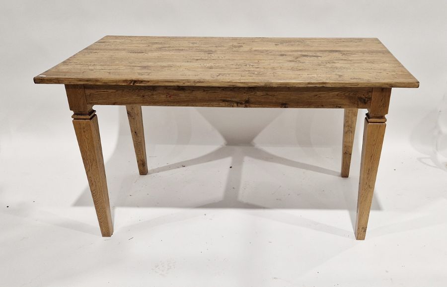 20th century oak kitchen table with plank-style top, 77cm high x 75.5cm wide x 139cm long