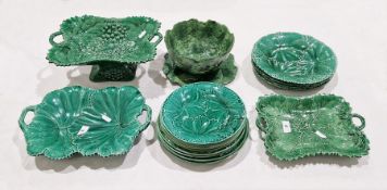 19th century green glazed majolica fruit stand, two-handled, fruiting vine embossed and a similar