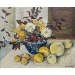 V Gabbay  Oil on canvas Still life vase of flowers with fruit, signed lower right