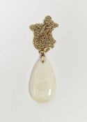 Pear-shaped white opal cabochon pendant, on gold fitting and 9ct gold chain, chain weight 4g approx.