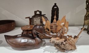 Assortment of wooden wares and related collectables to include a novelty wooden birdcage, Chinese