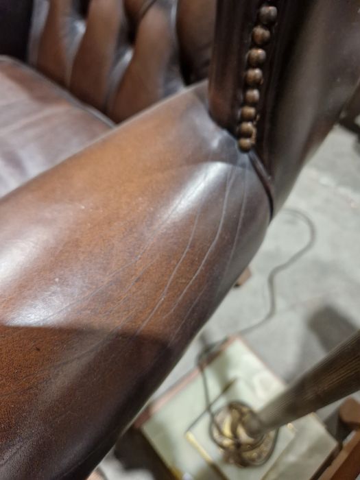 Pair of brown leatherette button upholstered Georgian-style armchairs with outscroll arms, - Image 15 of 37