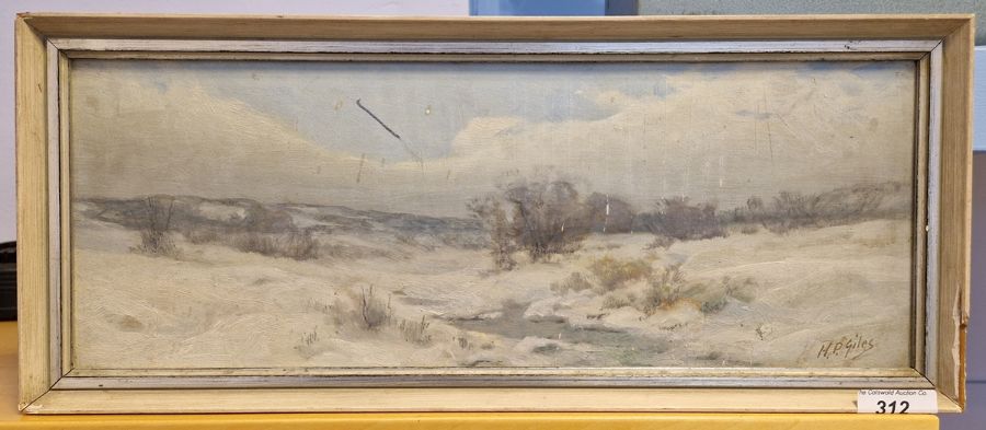 Horace P Giles (American 1850-1934) Oil on board 'Winter landscape', signed lower right, 14cm x 38. - Image 3 of 9