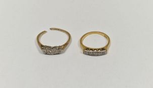 18ct gold five-stone diamond ring set within a rectangular setting and a gold three-stone diamond