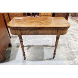 19th century mahogany, oak and ebony inlaid foldover card table, the mahogany top raised on turned