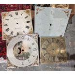 Box of clock parts and spares to include two longcase clock faces, springs, pulleys, etc (1 box)