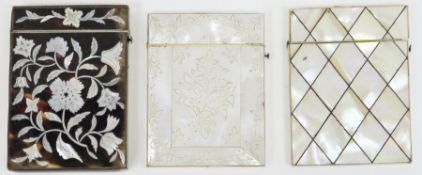 Three late 19th/early 20th century card cases, two inlaid with mother-of-pearl, the third