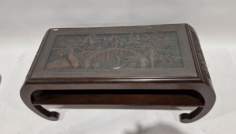 Chinese hardwood and glass-topped coffee table, the rectangular top carved with a scene of figures - Image 2 of 2