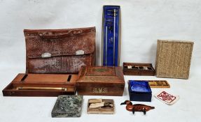 Assortment of collectables to include a brass inlaid wooden box, a wooden cribbage board with inlaid
