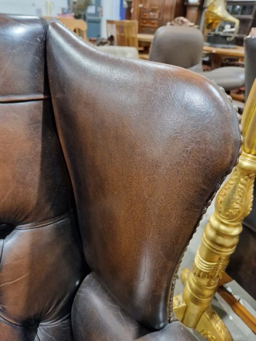 Pair of brown leatherette button upholstered Georgian-style armchairs with outscroll arms, - Image 10 of 37