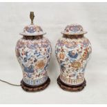 Pair of modern Chinese baluster Imari pattern vases, covers and stands, mounted as lamps, each