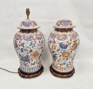 Pair of modern Chinese baluster Imari pattern vases, covers and stands, mounted as lamps, each