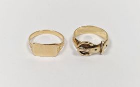 9ct gold buckle ring, 3.9g and an 18ct gold ring, marked 750, 2.9g (2)