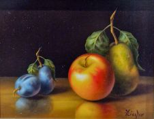 Oil on panel Still life, apple, pear and plums, signed lower right, 18cm x 23cm