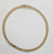 9ct three-colour gold collarette necklace engraved panels within herringbone border, 26.4g approx.