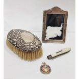 Early 20th century silver mounted oval brush, lily of the valley decorated, a small modern silver