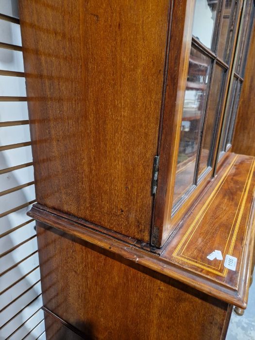 George III inlaid mahogany library bookcase having dentil and cavetto cornice, the top with two - Image 4 of 39