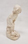 20th century carved alabaster figure depicting a girl standing with two chicks, 30cm high approx.