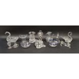 Group of assorted glassware including a vase with pierced tripod support and applied blue prunts and