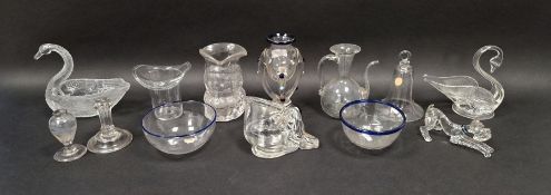 Group of assorted glassware including a vase with pierced tripod support and applied blue prunts and