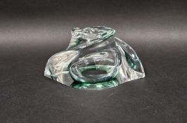 Val St Lambert mid-century spirally formed glass candle holder with green tint, etched marks, 14cm