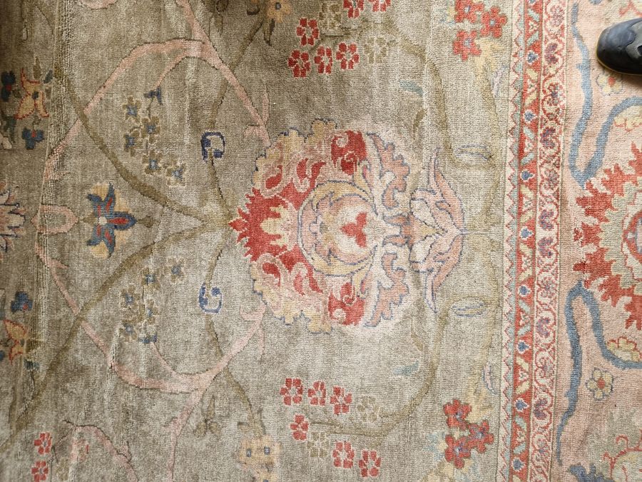 Very large pale green ground Turkish wool rug with central floral medallion on floral interlocked - Image 38 of 41