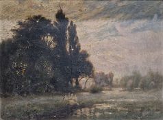 Sidney Pike (1858-1923) Oil on panel Landscape at dusk with geese, signed lower left, framed, 21.5cm