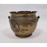 Japanese bronze jardiniere, bulbous and embossed bird on branch, 18cm diameter