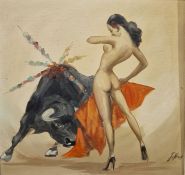 J Vela  Oil on canvas  Nude female as a bullfighter, signed lower right, 49cm square