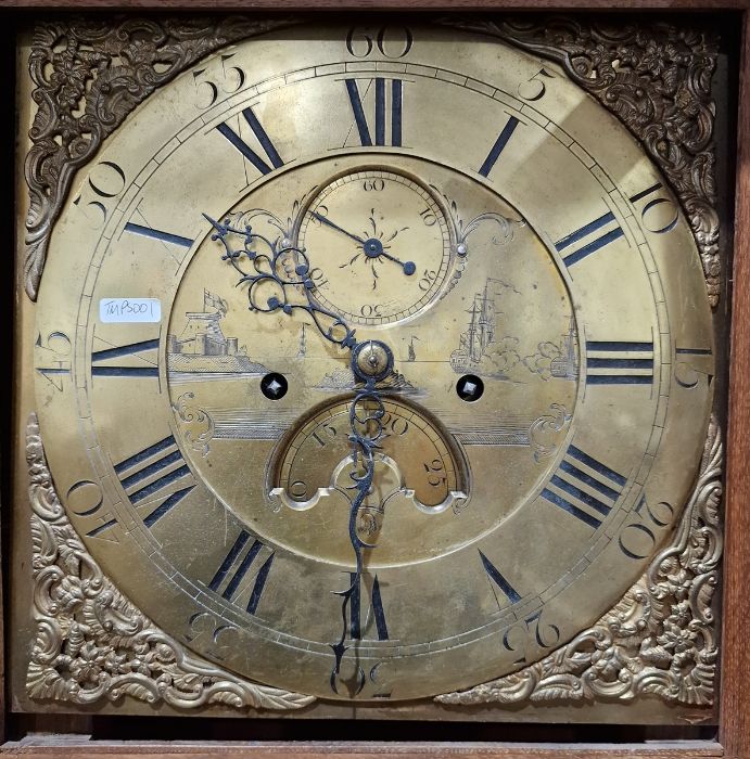 Georgian oak cased longcase clock with 12" square brass dial engraved with naval battle and island - Image 2 of 2