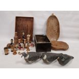 Two wooden open boxes, three painted wooden pigeon models, a rustic wooden two-handled bowl and