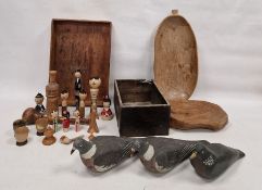 Two wooden open boxes, three painted wooden pigeon models, a rustic wooden two-handled bowl and