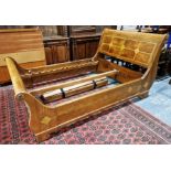 Kingsize 20th century birchwood and inlaid sleigh bed with inlaid marble geometric decoration to the