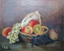 Unattributed Oil on canvas Still life of apples in a basket and grapes, unsigned, framed and glazed,