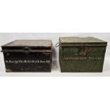 Two 20th century painted metal storage trunks, the larger with painted initials and crown to the top