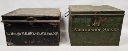 Two 20th century painted metal storage trunks, the larger with painted initials and crown to the top