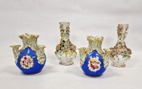 Pair 19th century porcelain bottle vases, all-over floral encrusted, 22.5cm high and a pair of